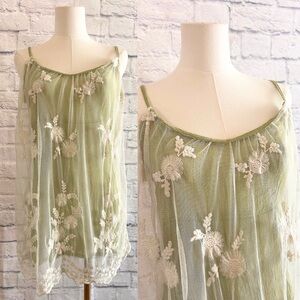 Sage Green Lace Embroidery Crochet Sleeveless Top Tunic Blouse Boho Floral